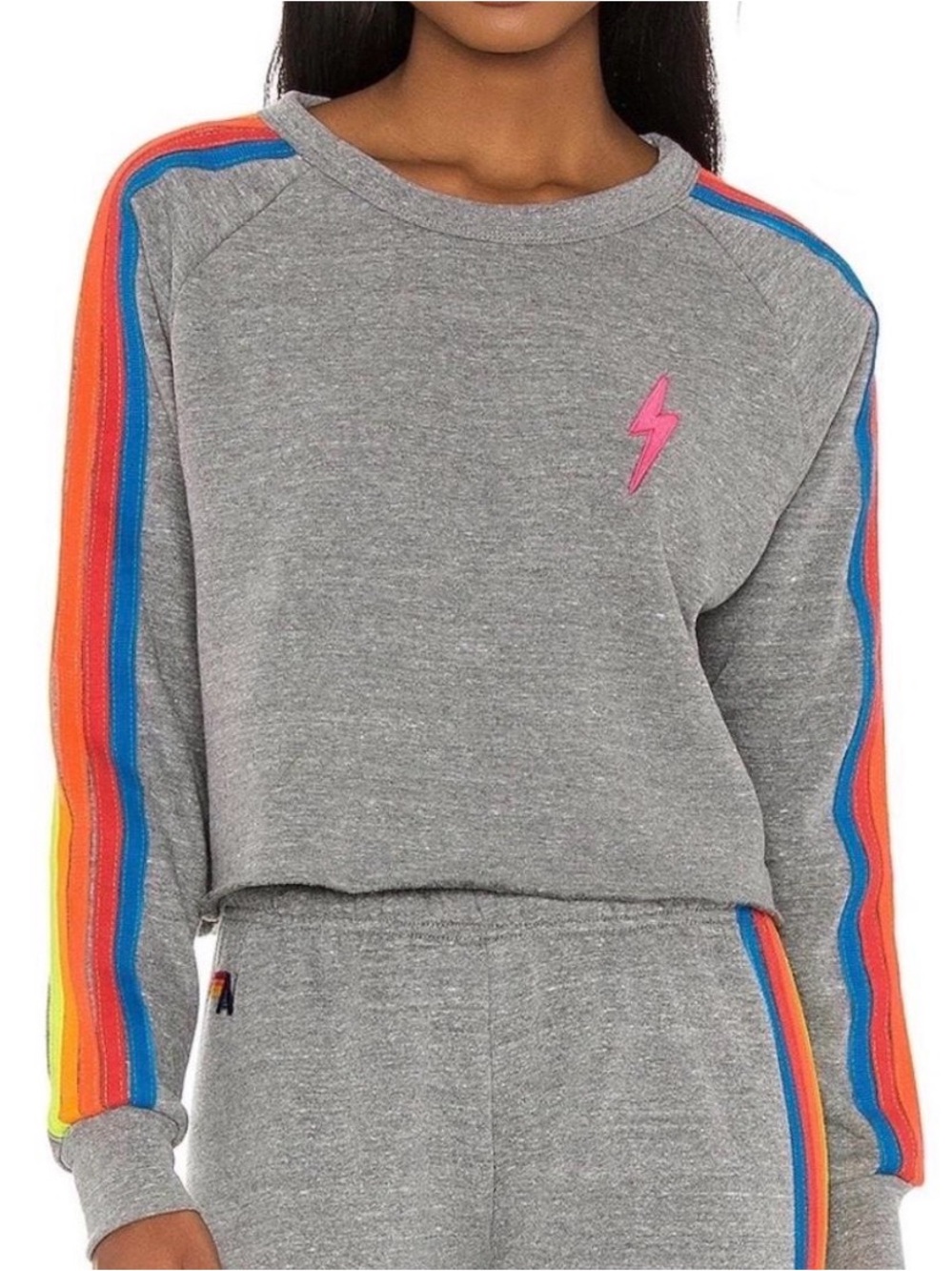 Aviator Nation NWOT Bolt Embroidered Cropped Classic Neon 5 Stripe Crewneck - XS